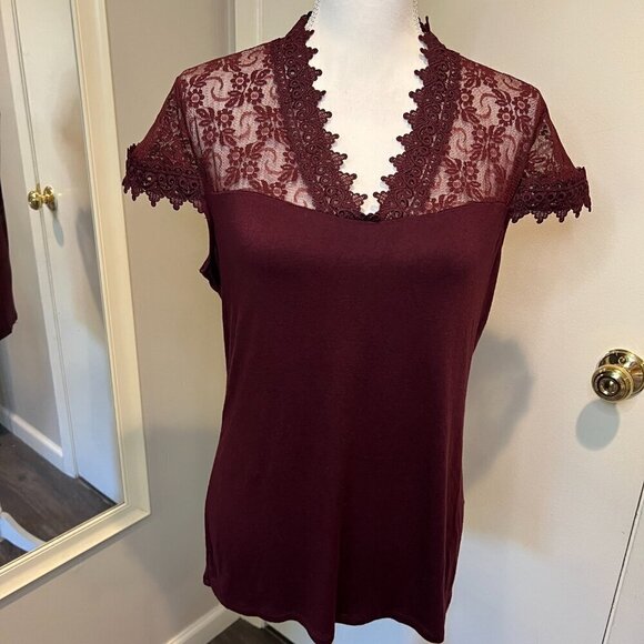 INC International Concepts Maroon Lace Trim Top, Size Large - Picture 2 of 15